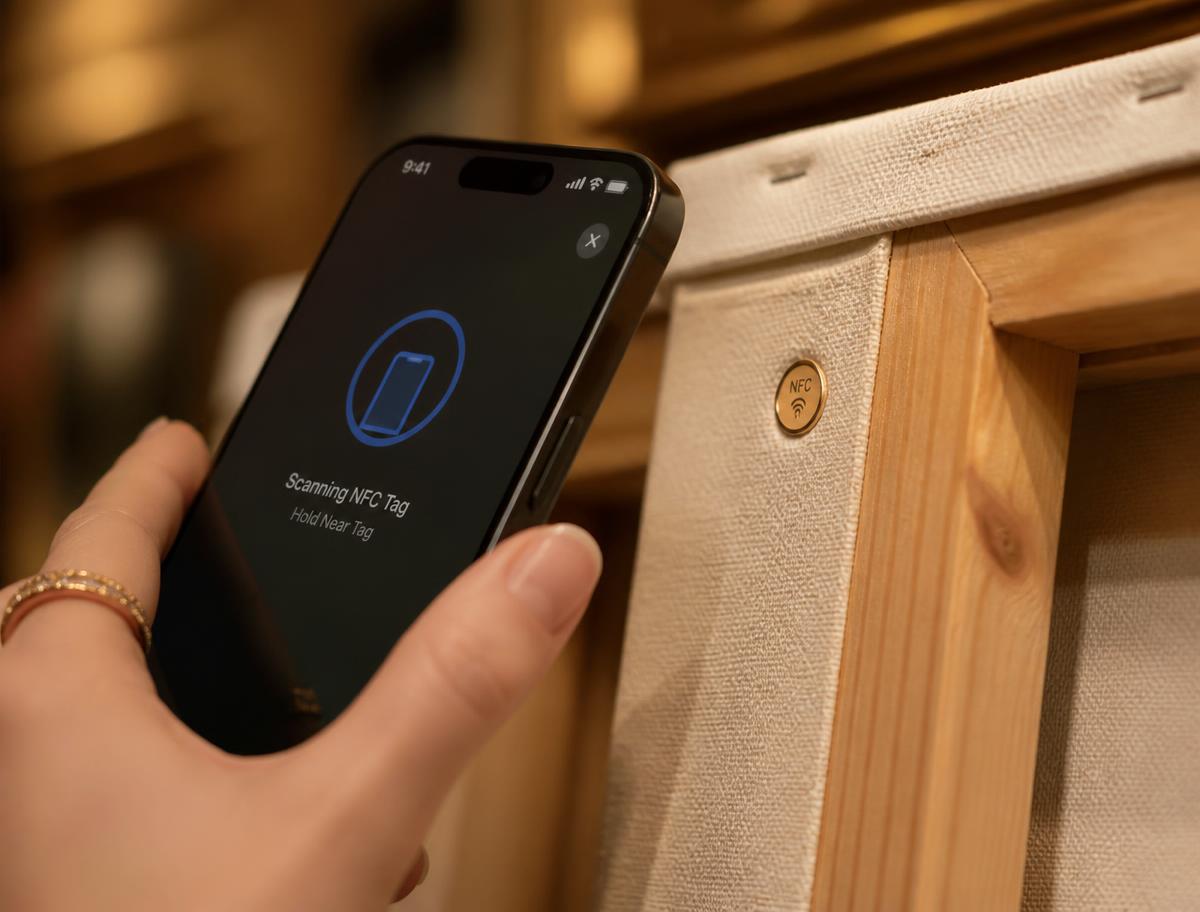 Collector scanning an NFC micro-tag embedded in a canvas stretcher