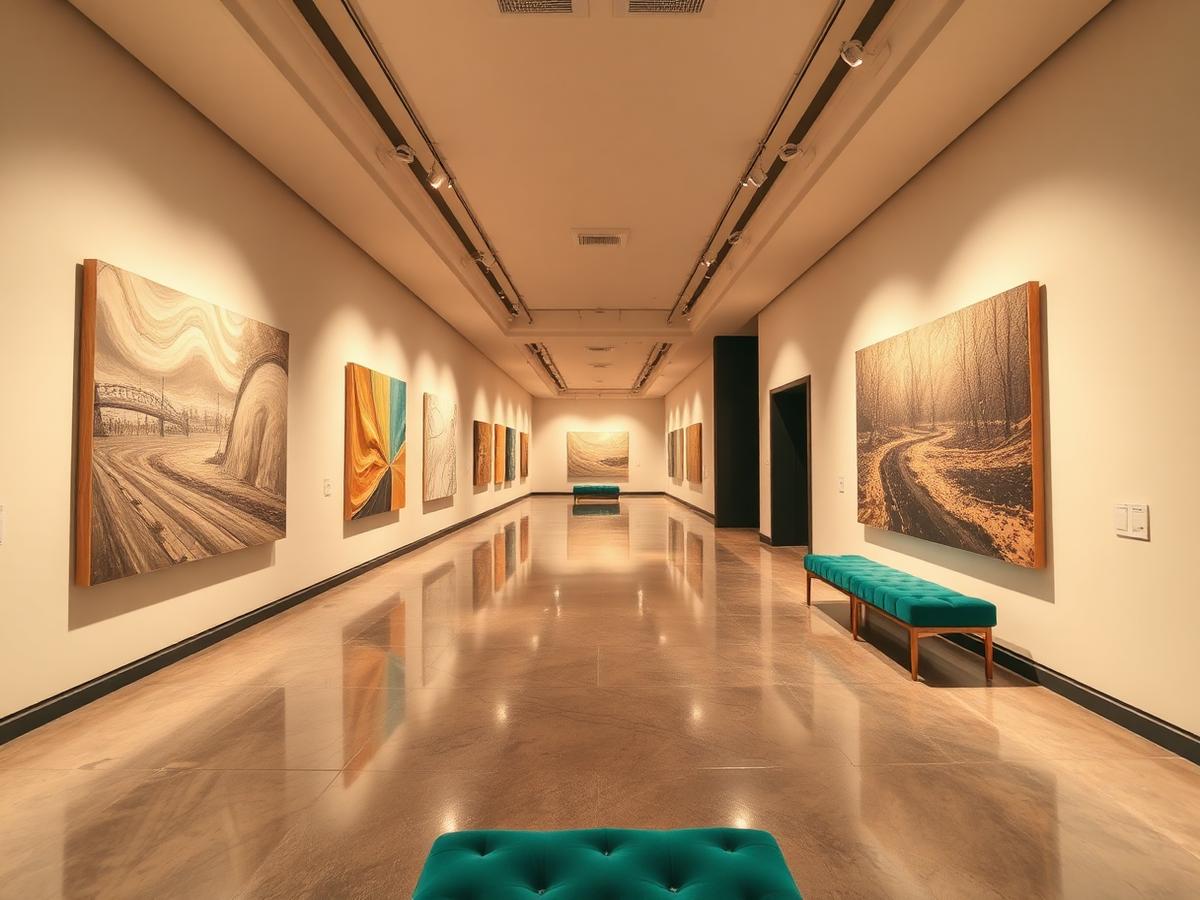 Lit gallery corridor with contemporary canvases