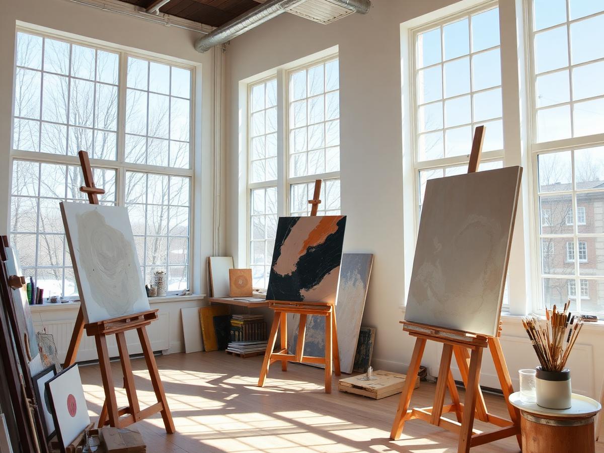 Artist studio with easels and works in progress
