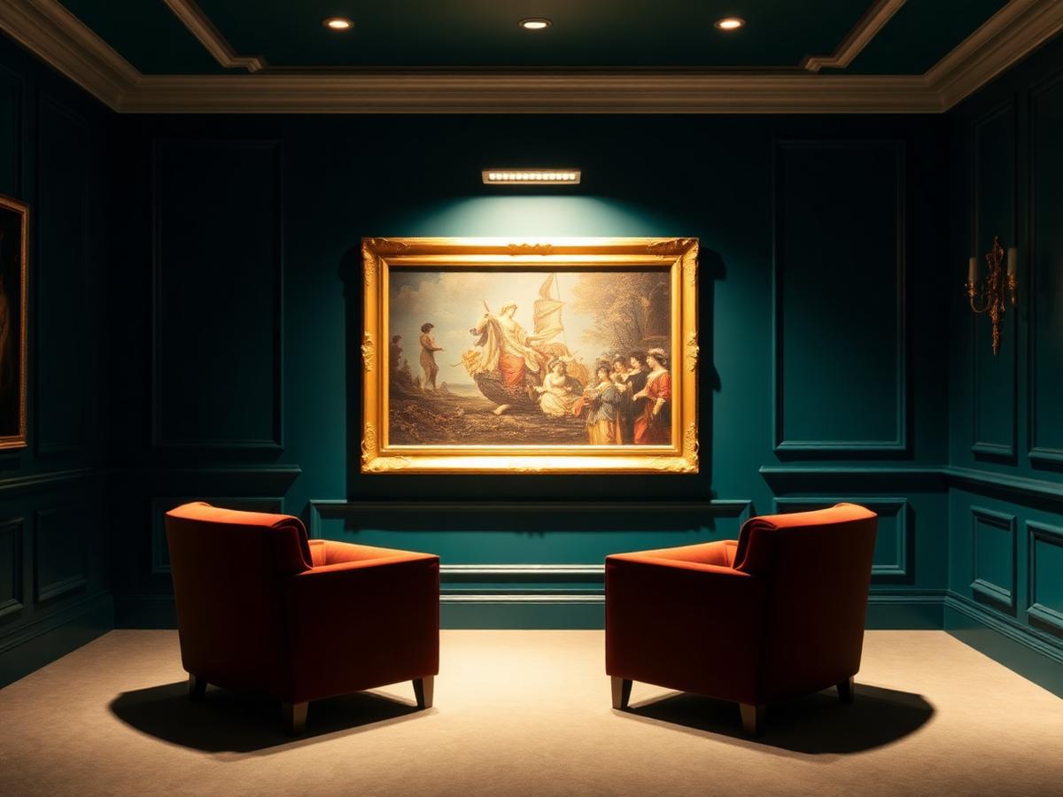 Private viewing room with a spotlit painting